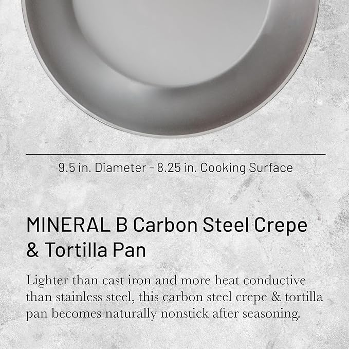 de Buyer MINERAL B Carbon Steel Crepe & Tortilla Pan - 9.5” Diameter, 8.3” Cooking Surface - Ideal for Making & Reheating Crepes, Tortillas & Pancakes - Naturally Non-Stick Finish - Made in France