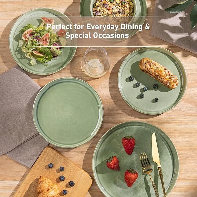 GBHOME 12-Piece Stoneware Dinnerware Set for 4 – Ribbed Ceramic Plates and Bowls, Scratch-Resistant, Microwave & Dishwasher Safe, Reactive Glaze, Light Green