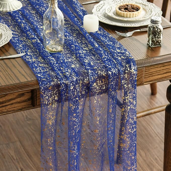 Artoid Mode Blue Gold Gauze Table Runner 59x120 Inch 10FT, Glitter Metallic Foil Sheer Dining Wedding Anniversary Holiday Table Decor for Home Party