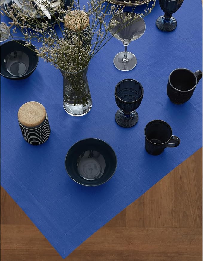 Solino Home Linen Square Tablecloth 52 x 52 Inch - 100% Pure Linen Royal Blue Table Throw - Fete, Machine Washable Table Cloth