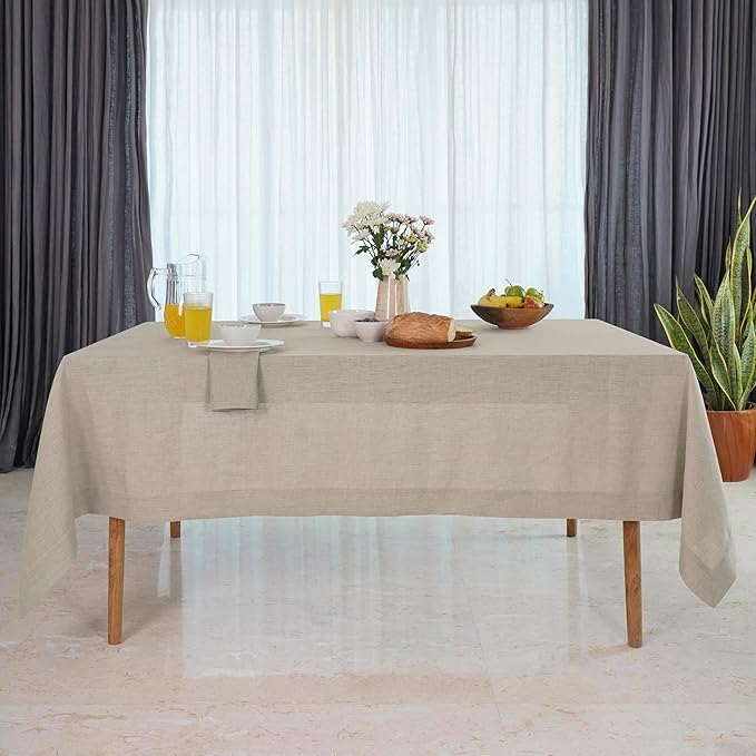 D'Moksha Homes Linen Natural Tablecloth 60 x 132 Inch - 100% Pure Linen Rectangular Tablecloth - Machine Washable Table Cloth for Valentines, Spring, Easter