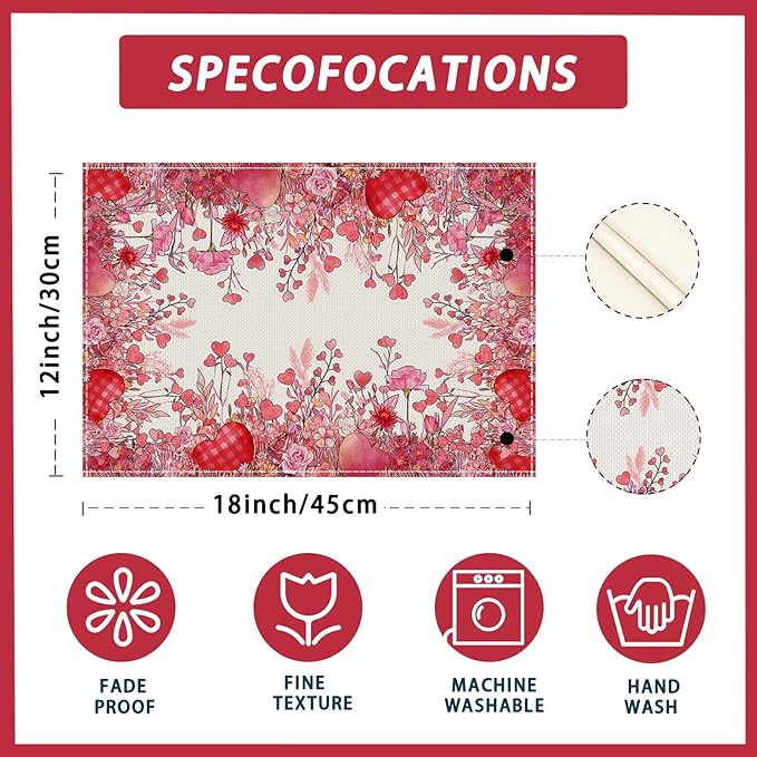 XCHI Wild Flowers Love Hearts Valentine’s Day Placemats Set of 6 Table Mats for Party Home Kitchen Dining Table Decorations 12x18 Inch