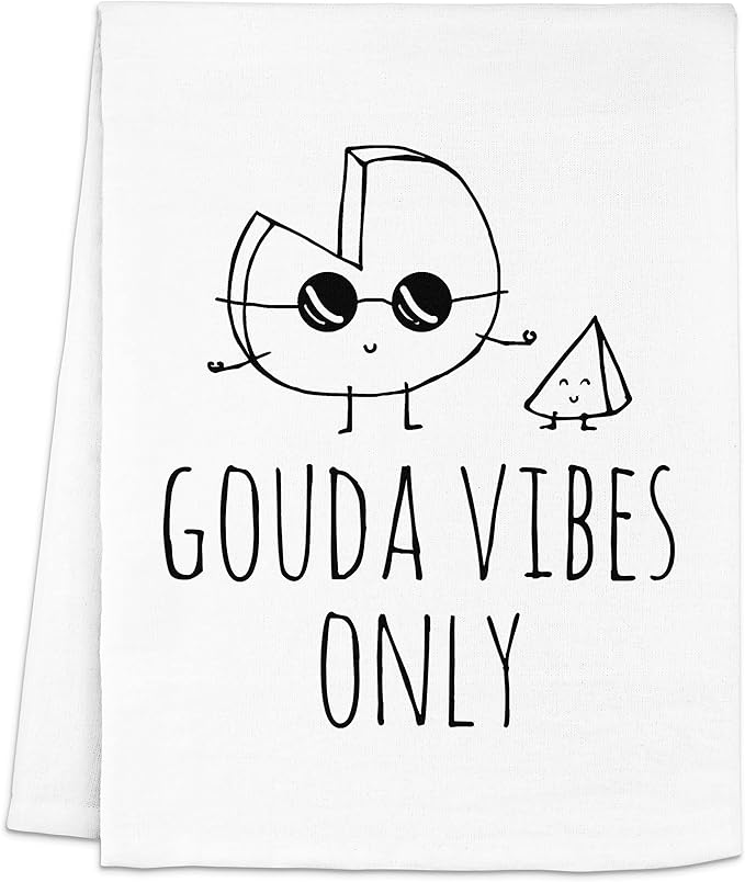 Moonlight Makers Cheese-Themed Funny Kitchen Towels - Decorative Handmade Cotton Dish Towels, Absorbent Tea Cloth, Unique Housewarming Gifts, Home Essentials, 28x28in - Gouda Vibes Only, White, 1-PC