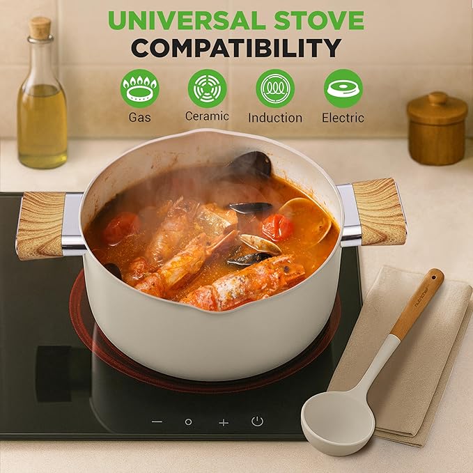 NutriChef 14-Piece pots and pans Set Ceramic Cookware Set - Induction Safe Pots and Pans with Glass Lids, Cool-Touch Handles, Dishwasher Safe, Includes Ladle, Tongs, Spatula, White