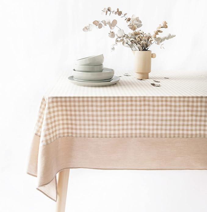 MONDAY MOOSE Gingham Checkered Farmhouse Rustic Picnic Style Decoration Rectangle Natural Stonewashed Cotton Tablecloth for Kitchen, Dining Room, Restaurant (60x102 inch, Beige)
