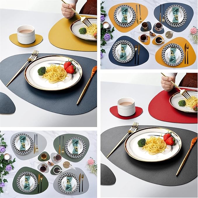 Faux Leather Placemats and Coasters Set of 4/8/12 Dual-Sided Round Place Mats for Kitchen Dining Coffee Oval Modern Table Mates(Grey Green,Set of 12)