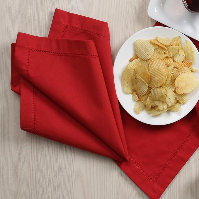 Lightnpro Hemstitched Cotton Napkins Set of 12 - Dinner Napkins, Washable Fabric Table Linens, Holiday, Christmas & Special Occasion Napkins, Elegant Cloth Napkins for Dining - 18x18 Inch Red