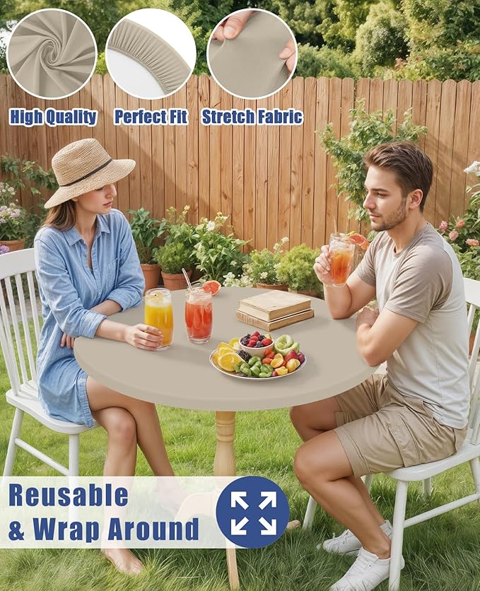 Round Spandex Tablecloth, Elastic Fitted Waterproof Tablecloths for 45"-56" Tables, Stretch Washable Picnic Table Cover for Camping, Dining, Indoor and Outdoor, Taupe