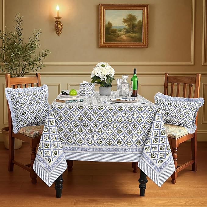 Ridhi Hand Block Print Light Steel Blue Rectangle Cotton Tablecloth 108" x 70" Reusable Table Cover Decorative Everyday Use for Dining, Farmhouse, Home Gift for Spring, Easter, Valentine