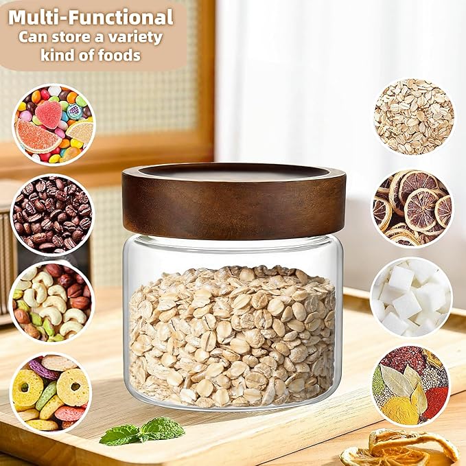17 Fl oz/500 ml Glass Food Storage Jar, Premium Clear Glass Container Jar with Airtight Wooden Screw Lid, Kitchen Canisters for Coffee,Tea,Pasta,Cookies, Nuts,Spice,Candy,Overnight Oatmeal（Small)