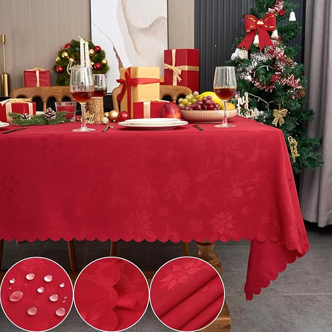 New Year Christmas Rectangle Tablecloth Red Jacquard Fabric Table Cloth Waterproof Washable Decorative Soft Table Cover for Kitchen Dinning Buffet Holiday Party(60X84 in)