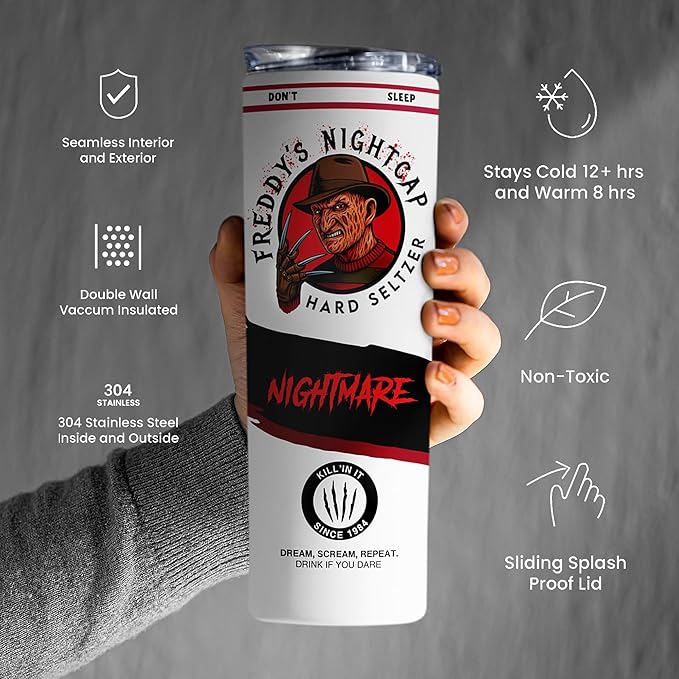 Freddys Hard Seltzer Tumbler, Nightmare On Elm St Travel Mug, Horror Slasher Fan Gift, Insulated Stainless Steel, Scary Movie Novelty Gifts, Christmas Halloween - Coffee Tea Drinker - 20 Oz