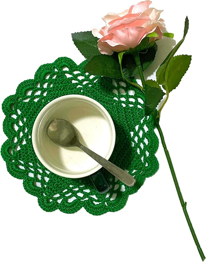 BIBITIME Handmade Crochet Round Lace Doilies Kitchen Table Placemats Wedding Tea Flower Vase Cup Mats (Green, 6" to 7",Pack of 4PCS)