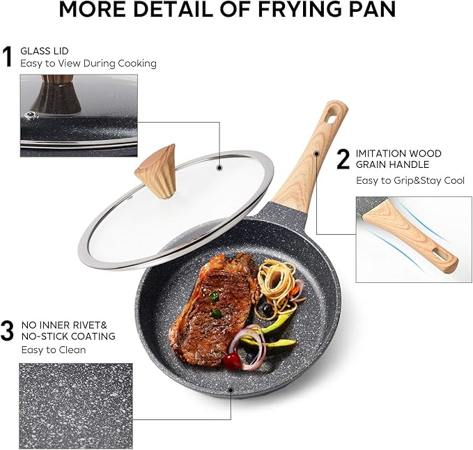 YIIFEEO Non Stick Frying Pan Set - Stone Skillet Set, Kitchen Omelette Pans, Induction Chef' Pan Grainte Cookware Set, Nonstick Frying Pans with Lid(8inch&9.5inch&11inch)