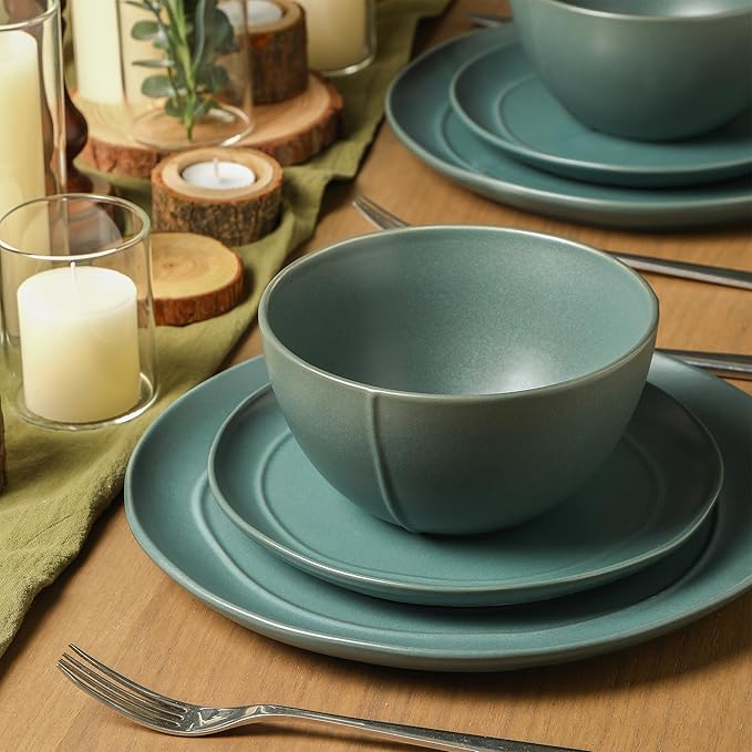 Stone Lain Infinity 12-Piece Dinnerware Set Stoneware, Plates and Bowls Set, Dishwasher and Microwave Safe, Dish Set for 4, Green