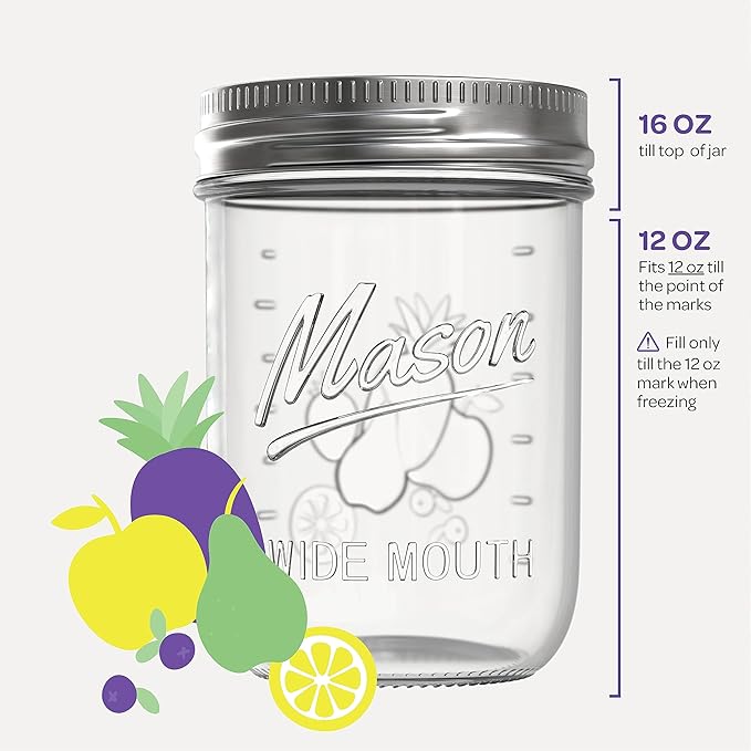 SEWANTA Wide Mouth Mason Jars 16 oz [18 Pack] With Mason Jar Lids and Bands, Mason Jars 16 oz - For Canning, Fermenting, Pickling - Jar Décor - Microwave/Freeze/Dishwasher Safe.