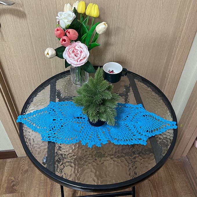 BIBITIME Handmade Crochet Lace Table Doilies - Bright Lake Blue Placemats, 7" x21” Vintage Flower Design Kitchen Dining Decor