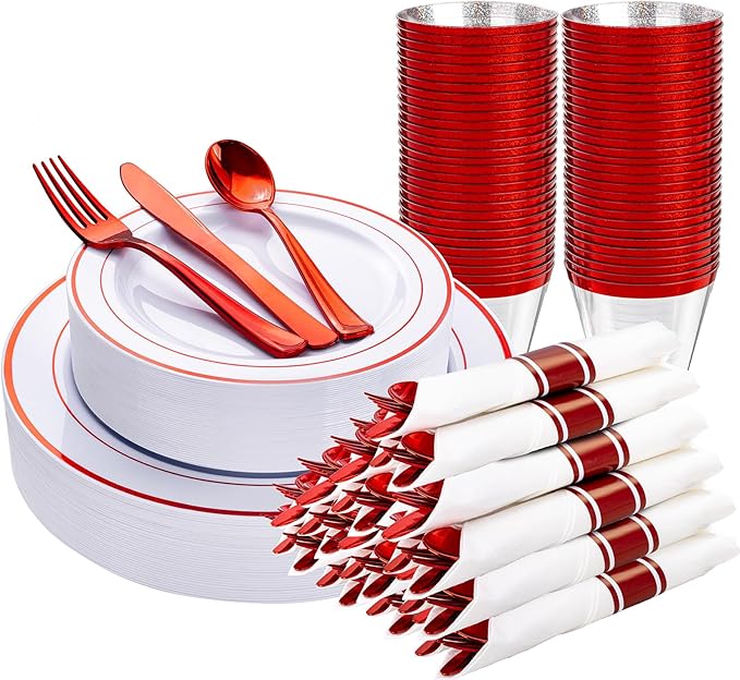 WELLIFE 210 Piece Red Plastic Dinnerware Set, Disposable Plates for Party,Include: 30 Dinner Plates, 30 Dessert Plates, 30 Pre Rolled Napkins with Gold Silverware and 30 Gold Cups