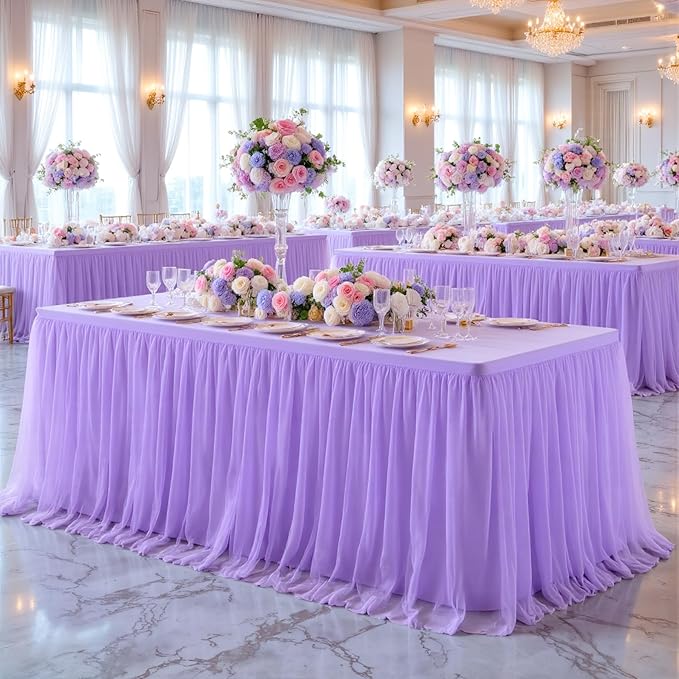 Suppromo 6 Pack 6ft Lavender Tulle Tablecloths for Rectangle Tables 6 Foot Rectangular Table Cloth Wrinkle Free Tablecover with Tutu Skirt for Wedding Baby Shower Birthday Party Banquet Buffet Cake