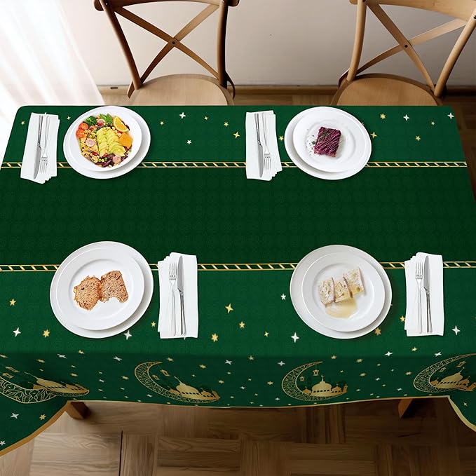 Childom 3 Pack Ramadan Mubarak Tablecloths for Eid Mubarak Decorations,54" x 108" Plastic Disposable Ramadan Kareem Table Cloth,Green Eid al-Fitr Table Covers for Rectangle Tables,Dinner,Party Favors
