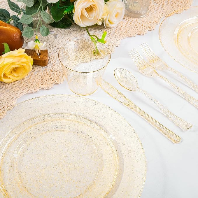 WELLIFE 450 PCS Gold Glitter Disposable Dinnerware Set for 75 Guests, Plastic Plates for Party, Including 75 Dinner & Salad Plates, Cups, Forks Knives Spoons for Wedding and Party Supplies