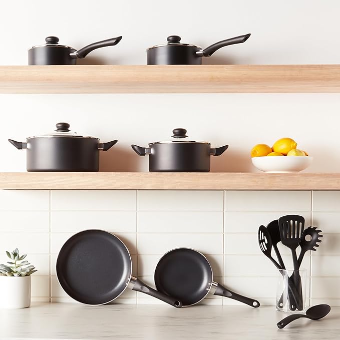 Amazon Basics Ceramic Non-Stick Cookware 15-Piece Set, Pots, Pans and Utensils, Black