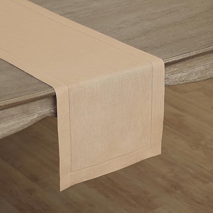 Solino Home Linen Hemstitch Table Runner 48 Inches - 100% Pure Linen Beige Table Runner 14 x 48 Inch Ideal for Dresser and Coffee Tables - Spring, Easter - Classic Hemstitch