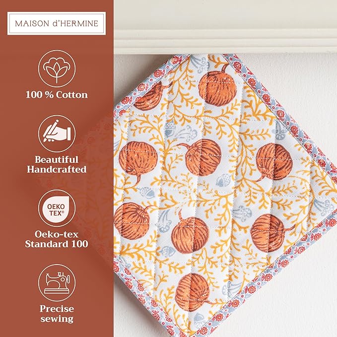 Maison d' Hermine Pot Holders Set 100% Cotton Heat Resistant Potholders 8" x 8" Hot Pads with Loop for Thanksgiving Christmas Decorations BBQ Baking Handling Hot Pans (Pack of 2, Harvest Festival)