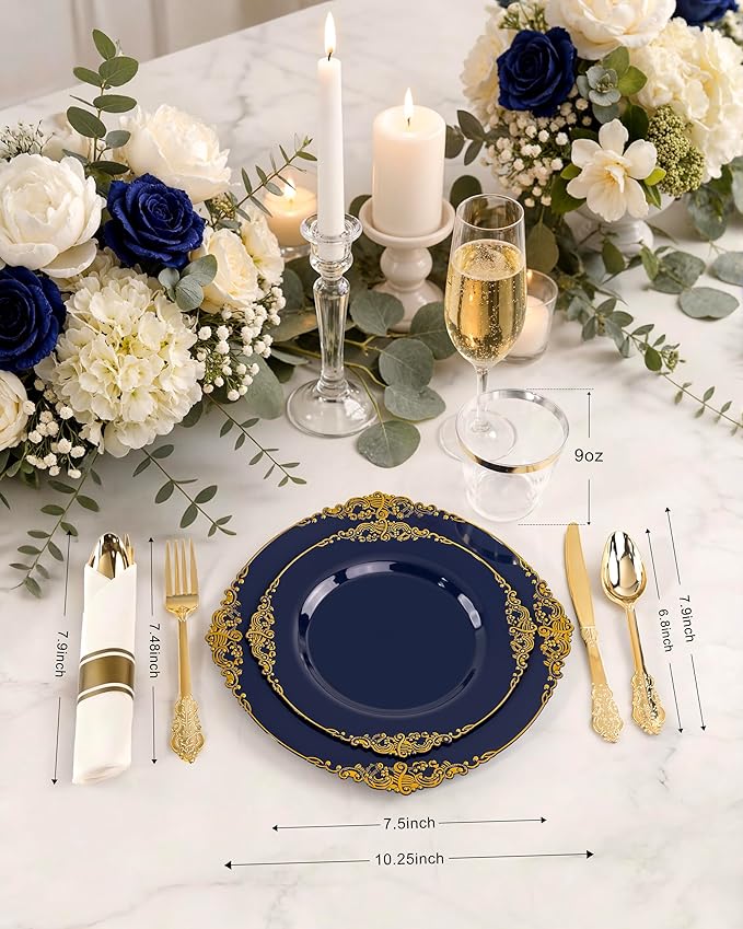 Nervure 350Pcs Blue Plastic Plates - Blue Gold Plastic Dinnerware Sets for 50 Guests - 100 Navy Gold Disposable Plates, 50 Pre Rolled Silverware, 50 Cups Perfect for Wedding & Party