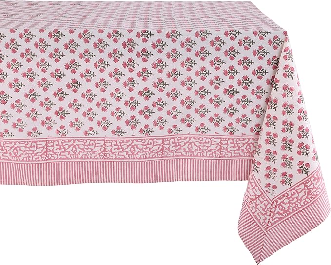 ATOSII Gulbahar White Pink 100% Cotton Fall Rectangle Tablecloth, Hand Block Print Washable Table Cover, Christmas Parties Buffet Dining, Weddings, Thanksgiving, Halloween, 60 X 90 Inches, 6 Seater