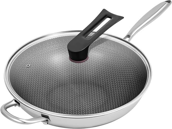 Wok Pan, 13.4 inch Stainless Steel Honeycomb Non Stick Stir Fry Pan with Lid and Stay-Cool Handle PFOA Free Cookware for Induction Gas Electric & Ceramic Cooktops Dishwasher
