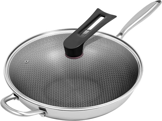 Wok Pan, 13.4 inch Stainless Steel Honeycomb Non Stick Stir Fry Pan with Lid and Stay-Cool Handle PFOA Free Cookware for Induction Gas Electric & Ceramic Cooktops Dishwasher