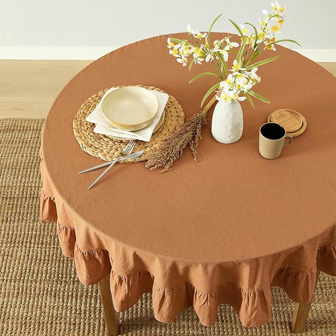 MONDAY MOOSE Ruffle Farmhouse Rustic Round Natural Stonewashed Cotton Tablecloth for Kitchen, Dining Room, Restaurant (60" Round, Cinnamon)