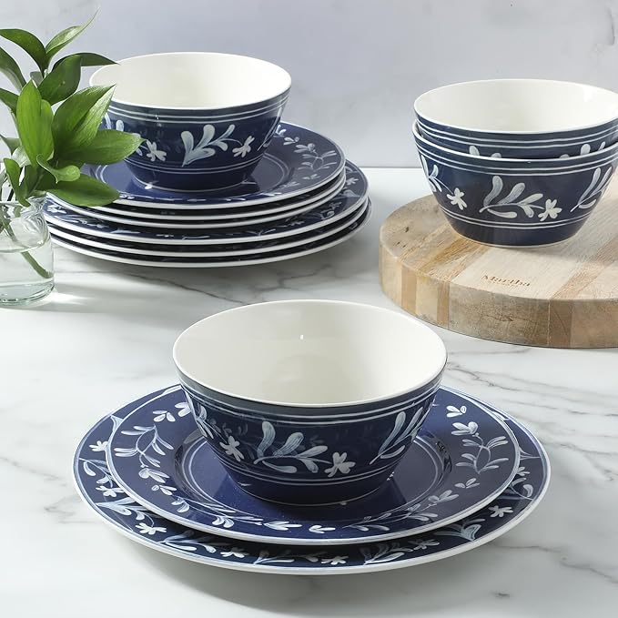 Martha Stewart Maiden Crown 12-Piece Sky Blue Dinnerware Set – New Bone China Ceramic Plates & Bowls – Floral Design – Service for 4 – Microwave & Dishwasher Safe