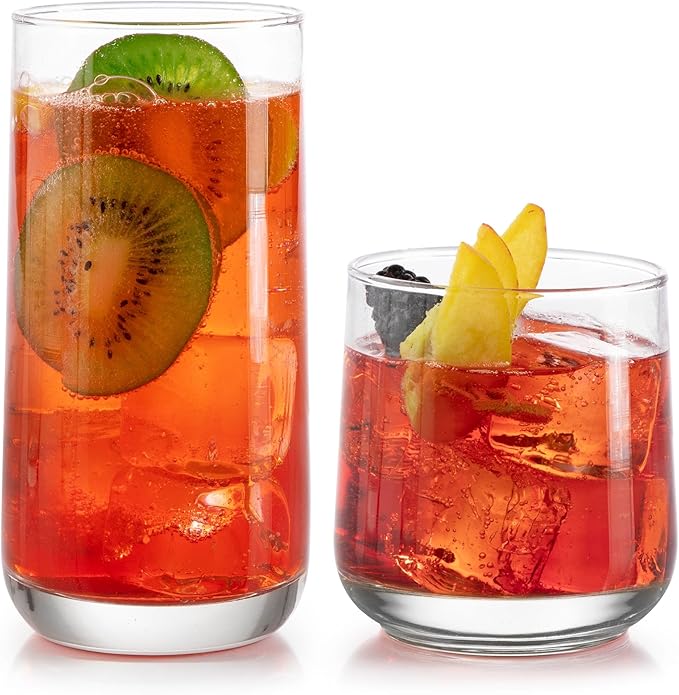 Libbey Ascent Tumbler and Rocks Drinking Glasses Set of 16, Glass Drinking Glasses with Curvature, Versatile Glassware Set for Parties and More