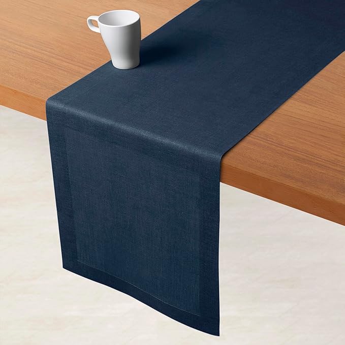 D'Moksha Homes Linen Table Runner 48 Inches - 100% Pure Linen Navy Blue Table Runner 14 x 48 Inch for Coffee Tables, Dresser, Easter - Machine Washable