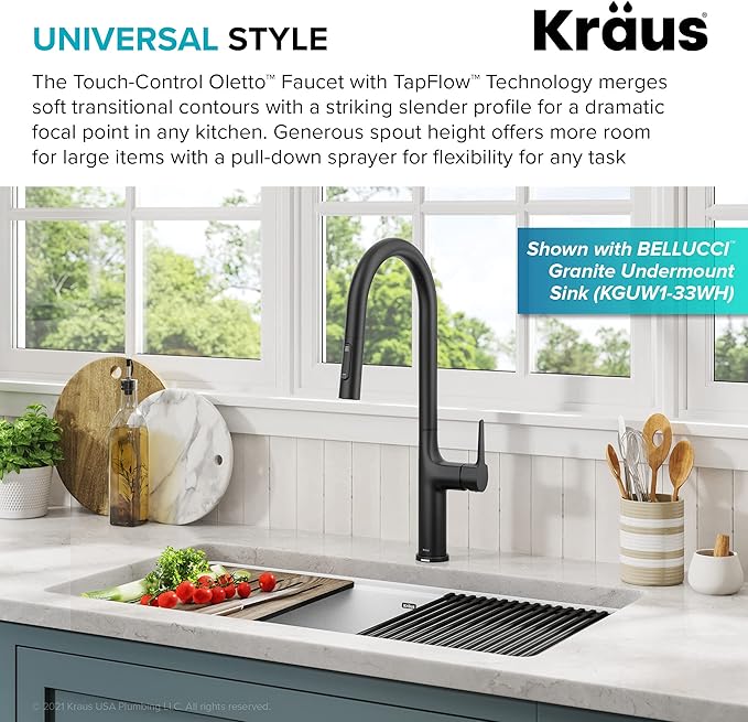 KRAUS Oletto Tall Modern Single-Handle Touch Kitchen Sink Faucet with Pull Down Sprayer in Matte Black, KTF-3101MB
