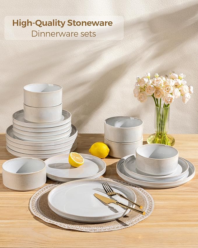 GBHOME 24-Piece Stoneware Dinnerware Set for 8 – Ribbed Ceramic Plates and Bowls, Scratch-Resistant, Microwave & Dishwasher Safe, Reactive Glaze, Sugar White