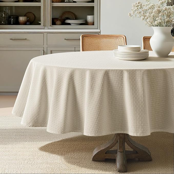 MIULEE Natural Beige Linen Cotton Table Cloth Round Tablecloth Spring Waterproof Spillproof Cross-Star Textured Table Cltoth Decorative Farmhouse Style for Dining Party Weddings 60 Inch