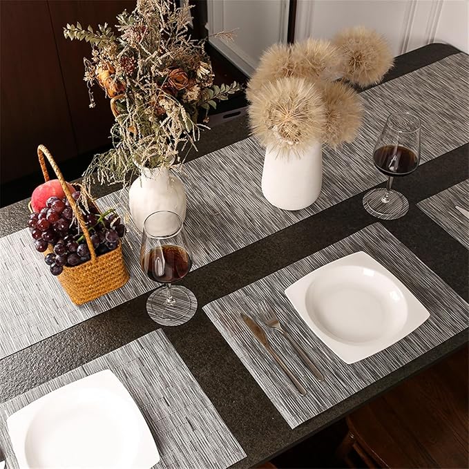 Placemats with Table Runner Sets Place Mats Crossweave Placemat Kitchen Tablemat Washable PVC Table Mats for Dining Table(Grey and Black)