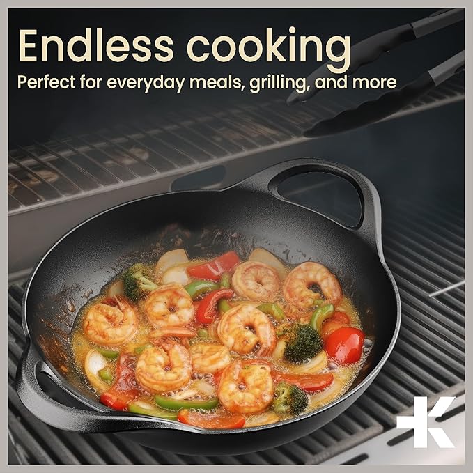 Bakken Pre-Seasoned Cast Iron Wok with Wooden Lid, 14" Stir Fry Pan for Gas, Electric, Induction & Open Fir, Heavy-Duty Flat Bottom Wok with Dual Handles for Even Heating & High-Heat Cooking, 8.8 lbs
