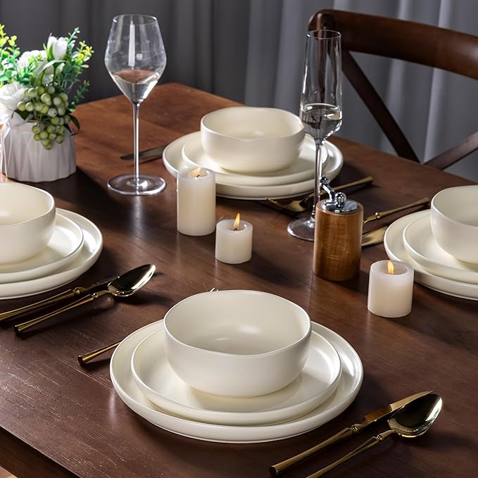 AmorArc Ceramic Dinnerware Sets, Wavy Rim Stoneware Plates and Bowls Sets,Dishwasher & Microwave & Oven Safe Dishes set, Service for 4 (12pc)