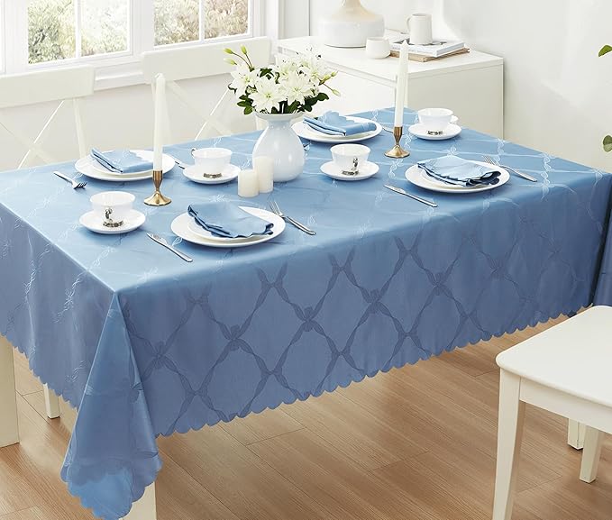 Newbridge Ribbons and Bows Damask Spring & Easter Holiday Fabric Tablecloth, Blue, 60 x 102 Inch Rectangle, Wrinkle & Stain Resistant Table Cover