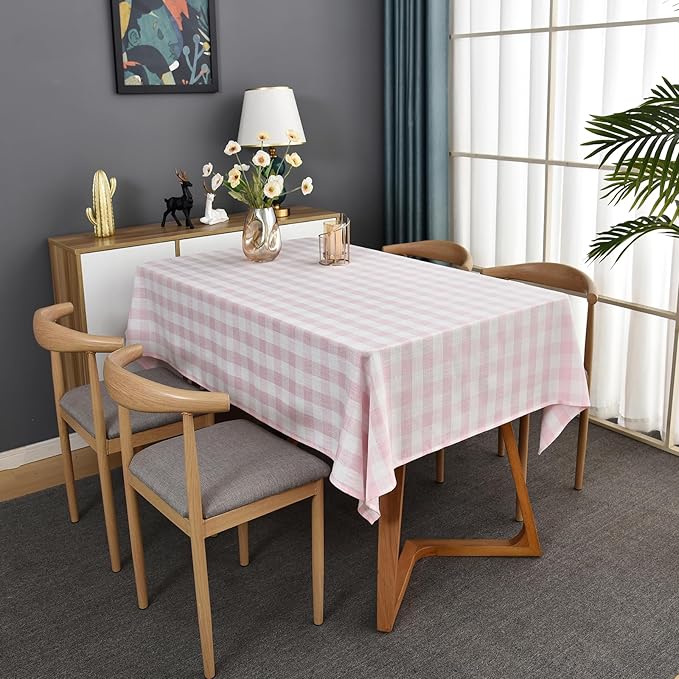 Gingham Table Cloth for Rectangle Tables Pink Checkered Plaid Tablecloth Heavy Duty Cotton Blend Washable & Wrinkle Table Cover for Outdoor Kitchen Dining Picnic Camping (52x70 Inch)
