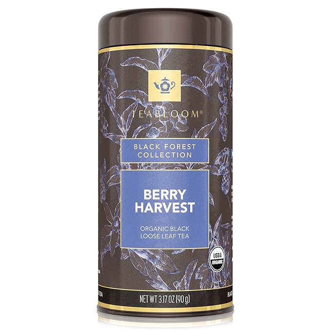 Teabloom Organic Fruity Black Tea, Berry Harvest Loose Leaf Tea, USDA Certified Organic & Kosher, Fresh Whole Leaf Blend in Reusable Gift Canister Makes 35-50 Cups