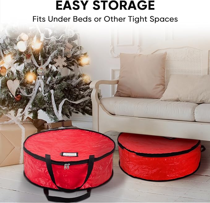 BALEINE Wreath Storage Container, 2 Pack Christmas Wreath Storage Bag with Tear Resistant PE Material and Reinforced Handle for Holiday Xmas (Green, 24"x8")