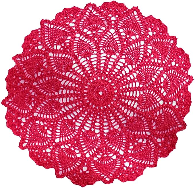BIBITIME Lace Placemats Table Doilies Round Handmade Crochet Doily Kitchen Coffee Cup Mug Mats Dinner Place Mats (16 to 17.5 inches-1PCS, Rose)