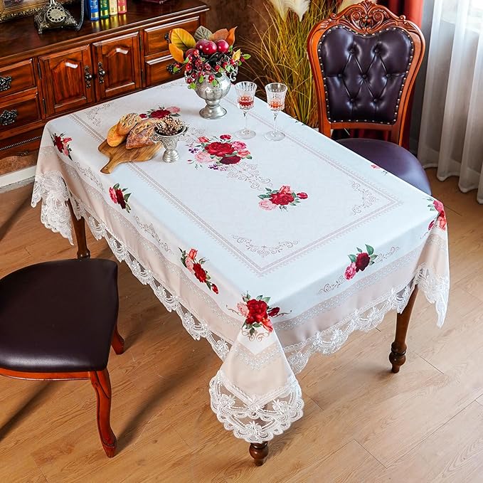 SUTAVIA Offwhite Lace Table Cloth Rectangular Farmhouse Table Cover Classic Floral Decor Waterproof Tablecloth for Home Holiday Party Dining Table(Offwhite, Rectangle/Oblong, 52 x 70 Inch,4-6 Seats)