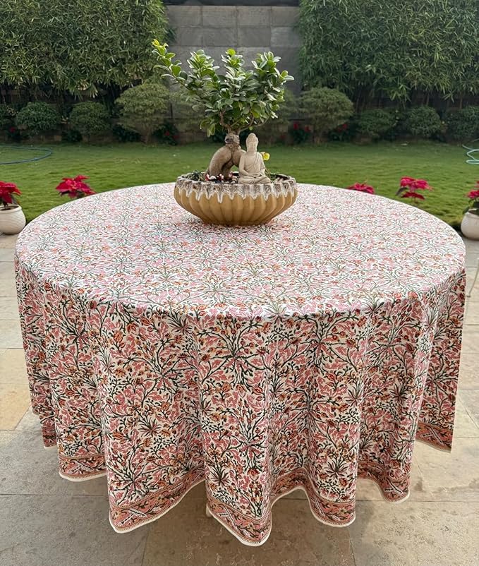 Ridhi Block Print Round Dark Royal Blue Reusable Tablecloth 100% Cotton 110" Inch Decorative Table Cover eveyday Dining, Home, Party, Wedding, Farmhouse Gift for Spring, Easter, Valentine