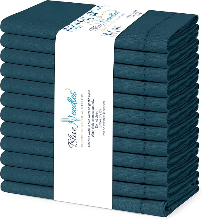 Blue Needles Set of 12 Hemstitch Linen Napkins 100% Cotton Crystal Teal Cloth Dinner Napkins 18x18 inches, Soft Reusable Absorbent Washable, Ideal for Wedding Events, Parties & Everyday Use